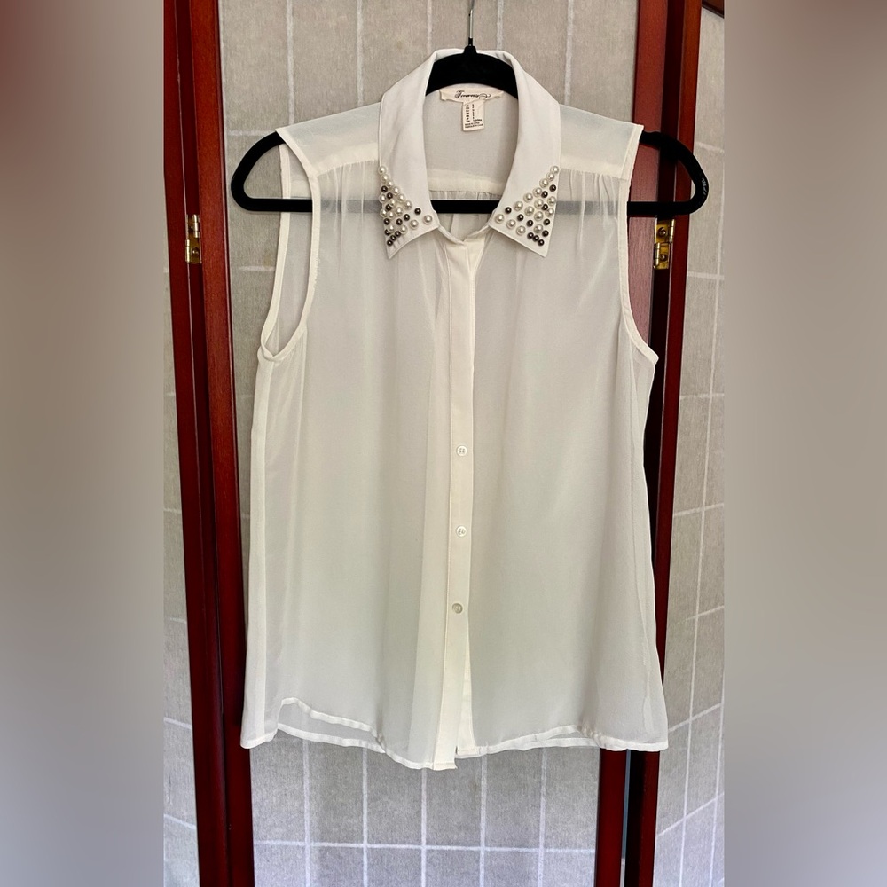 Forever 21 Cream Sleeveless Blouse with Pearl Studded Collar